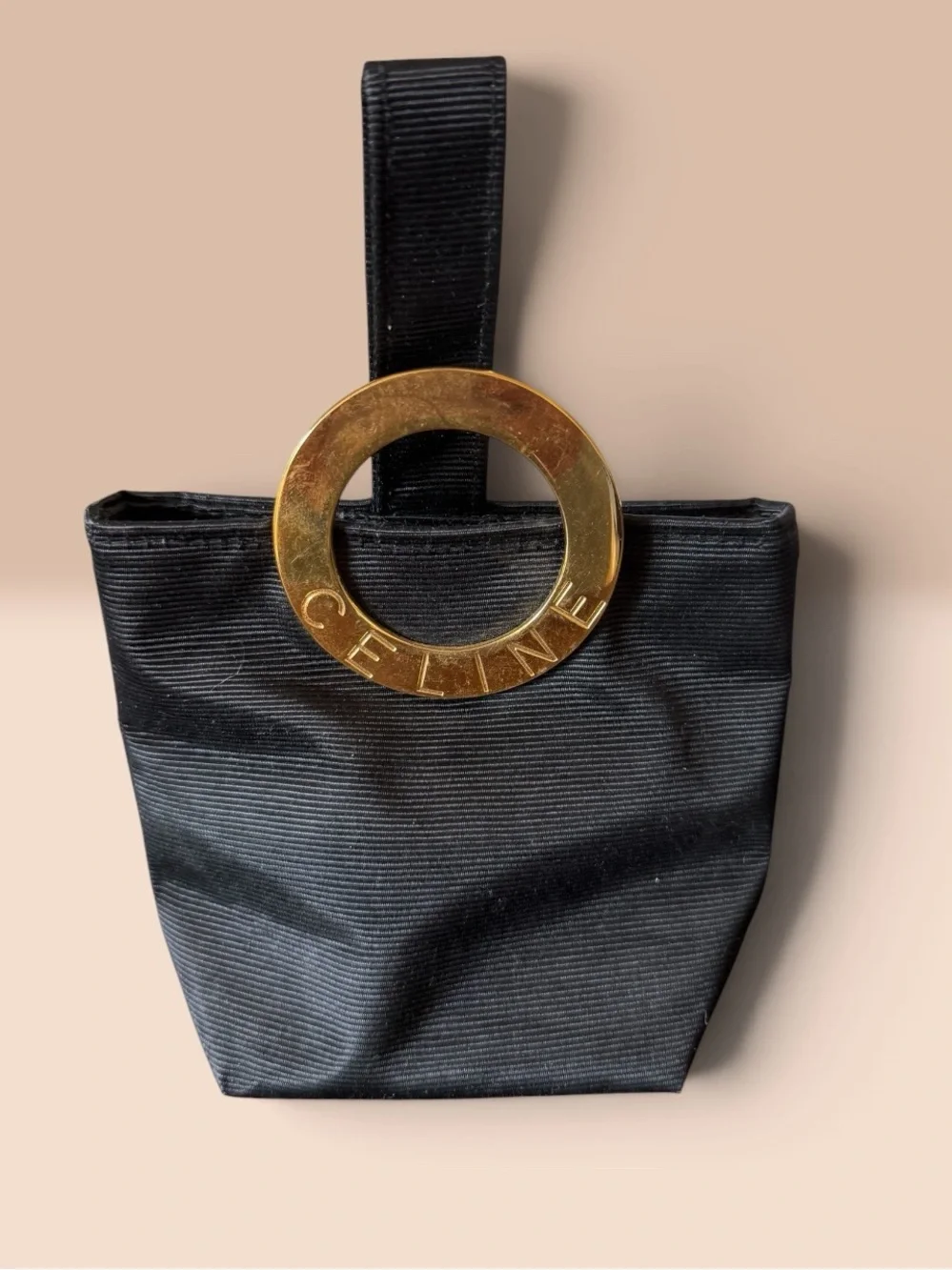 Vintage 1990’s Celine Black Mini Wristlet with Gold Ring